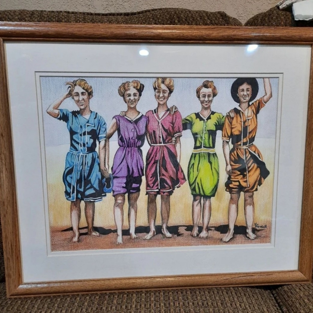 Original framed art old fashioned swimmers lake Bathing Suits